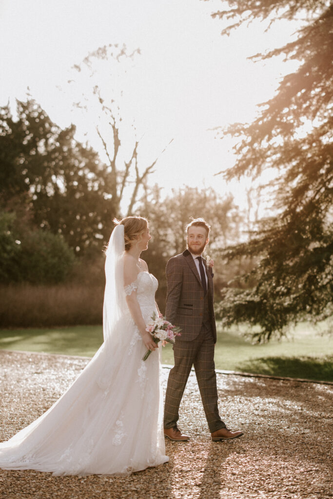 hockwold hall wedding bride and groom sunset